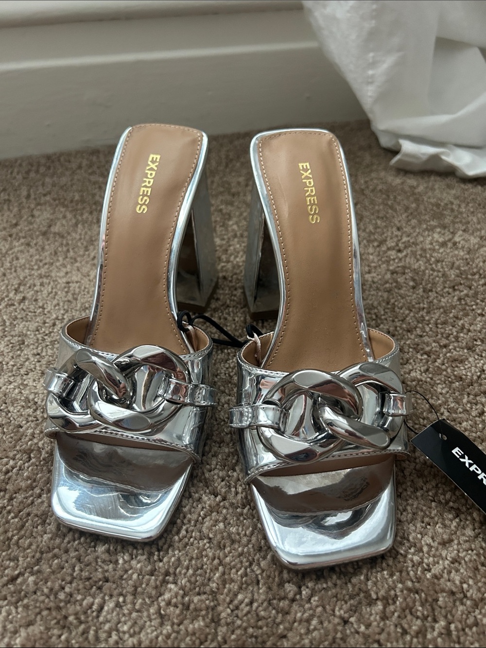 Express Metallic Silver Chain-Link Block Heel Mules